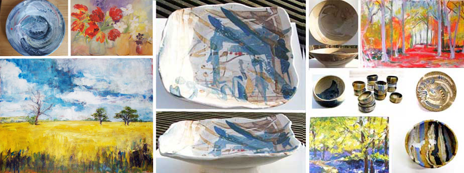 Sandy is an
artist and potter who runs art and pottery classes in Suffolk, England. This image shows examples of her pottery and her acrylic and watercolour
paintings.